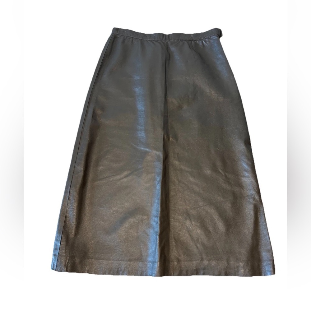 VTG Brown Leather Midi Skirt Samuel Robert Peter Hatsi Androu Sz 10 Minimalist